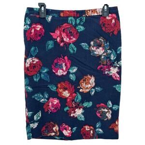 Merona Skirt Womens 8 Navy Red Dark Floral Pencil Pockets Stretch Office Work